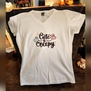 Homemade New Cute and Creepy V-Neck white female t-shirt.  Halloween.